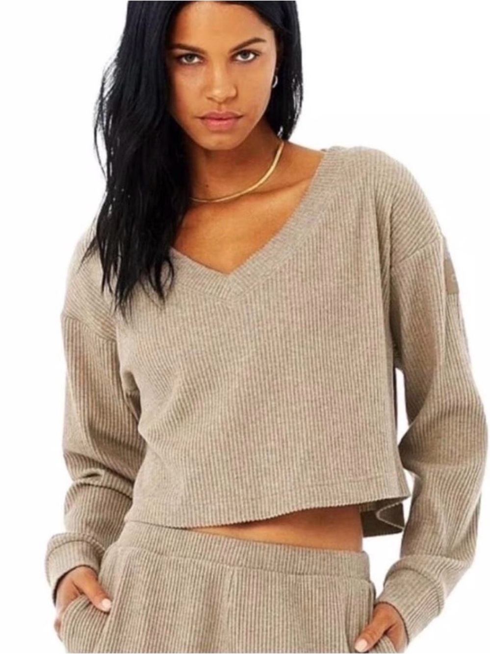 ALO Yoga Ribbed V-Neck Cropped Sweater - Taupe